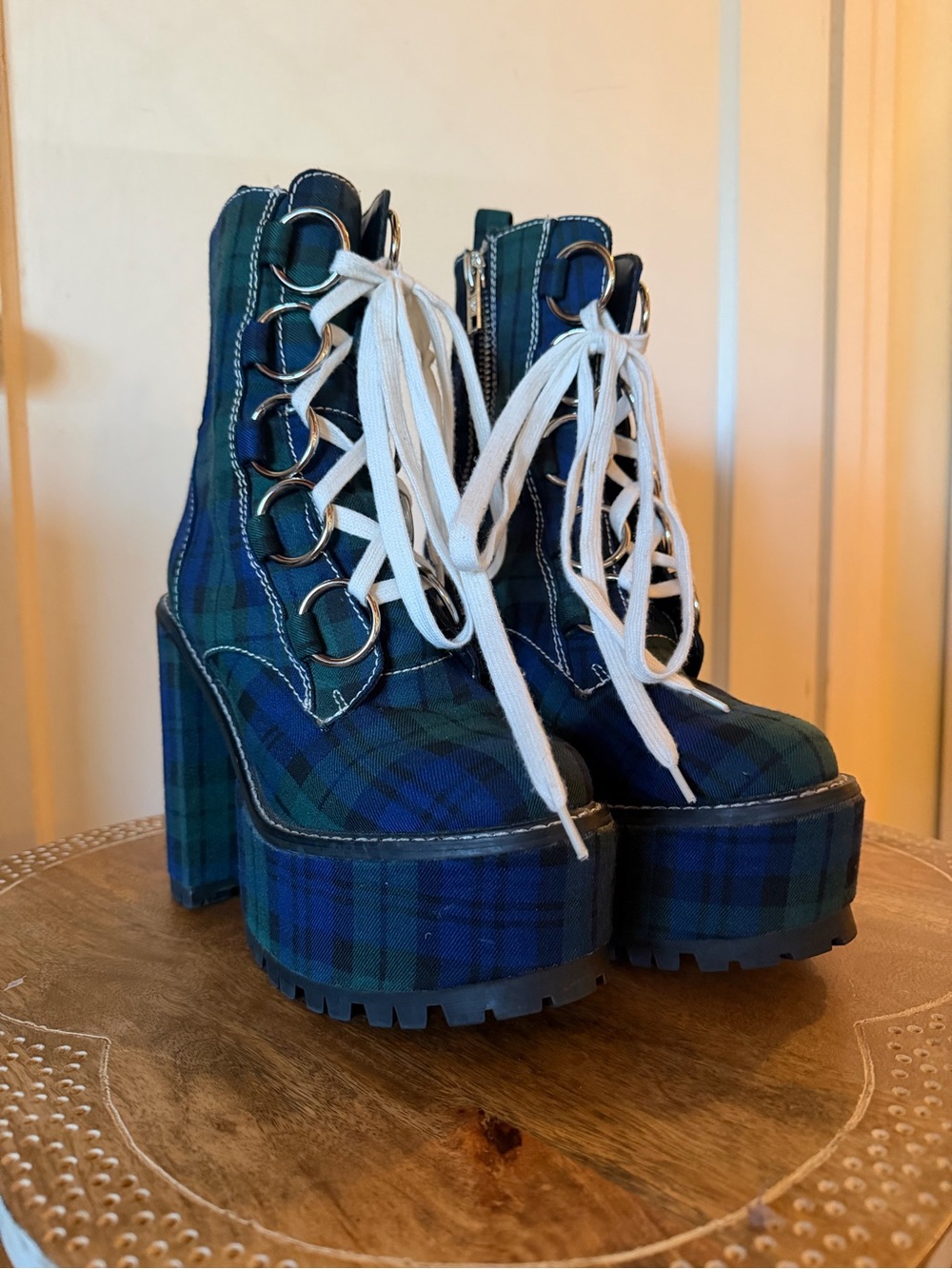 Dolls Kill Current Mood Sikk Nancy Tartan Plaid Platform Ankle O-Ring Boots - Picture 15 of 15